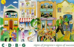 A colorful illustration depicts a vibrant community. People engage in activities like shopping and chatting. Buildings have signs of prosperity and greenery. Text reads "CDBG signs of progress, signs of success."