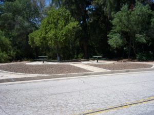 A deserted park with two empty circular picnic tables surrounded by greenery and trees. The sunny day casts shadows, creating a calm, peaceful scene.