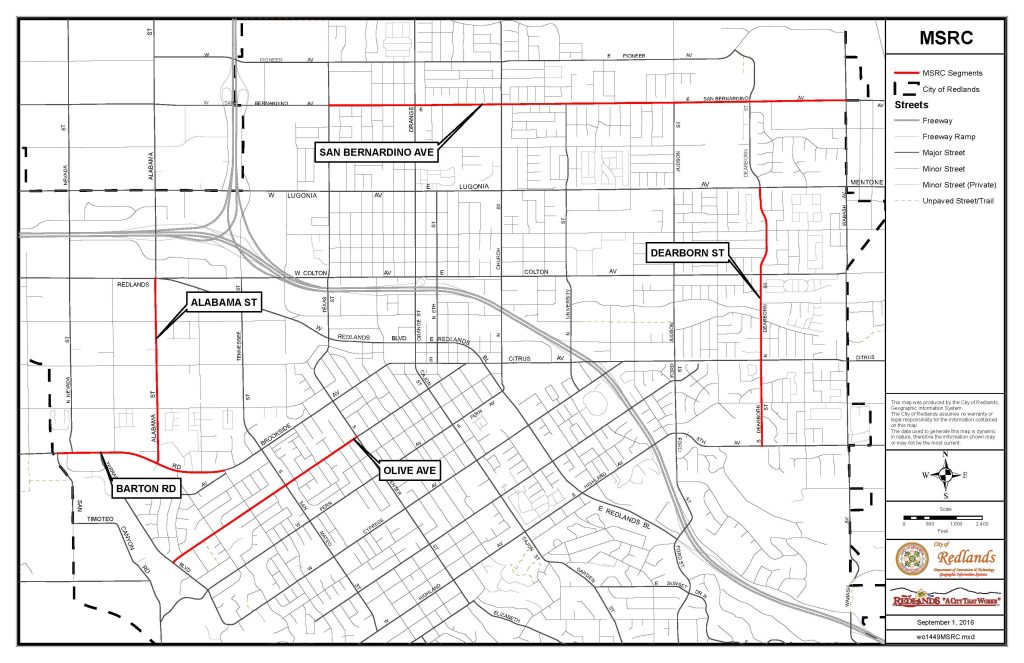 Map of Redlands, labeled "MSRC," shows main roads with red lines highlighting San Bernardino Ave, Alabama St, Barton Rd, Olive Ave, and Dearborn St.