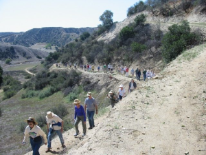 A diverse group of hikers, wearing casual attire and hats, ascend a narrow trail on a sunlit hillside. The landscape is dry with scattered shrubs.