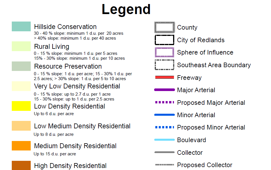 Legend depicting land use and transportation categories. Includes color-coded areas like conservation, residential, and boundaries, plus road types like freeway and arterial.