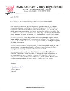 Redlands East Valley High School letterhead with a security update dated April 12, 2018, addressing a threat anonymously received and actions taken. Principal's signature included.
