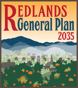 Stylized landscape with "Redlands General Plan 2035" text. Features mountains, cityscape, and orange groves under a warm gradient sky.