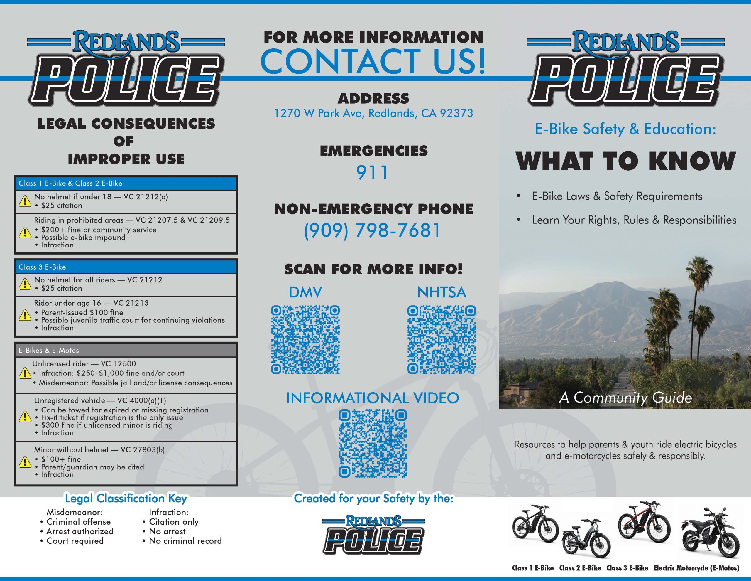 Informational flyer from Redlands Police about e-bike safety, legal consequences of misuse, emergency contacts, and links to DMV and NHTSA resources.