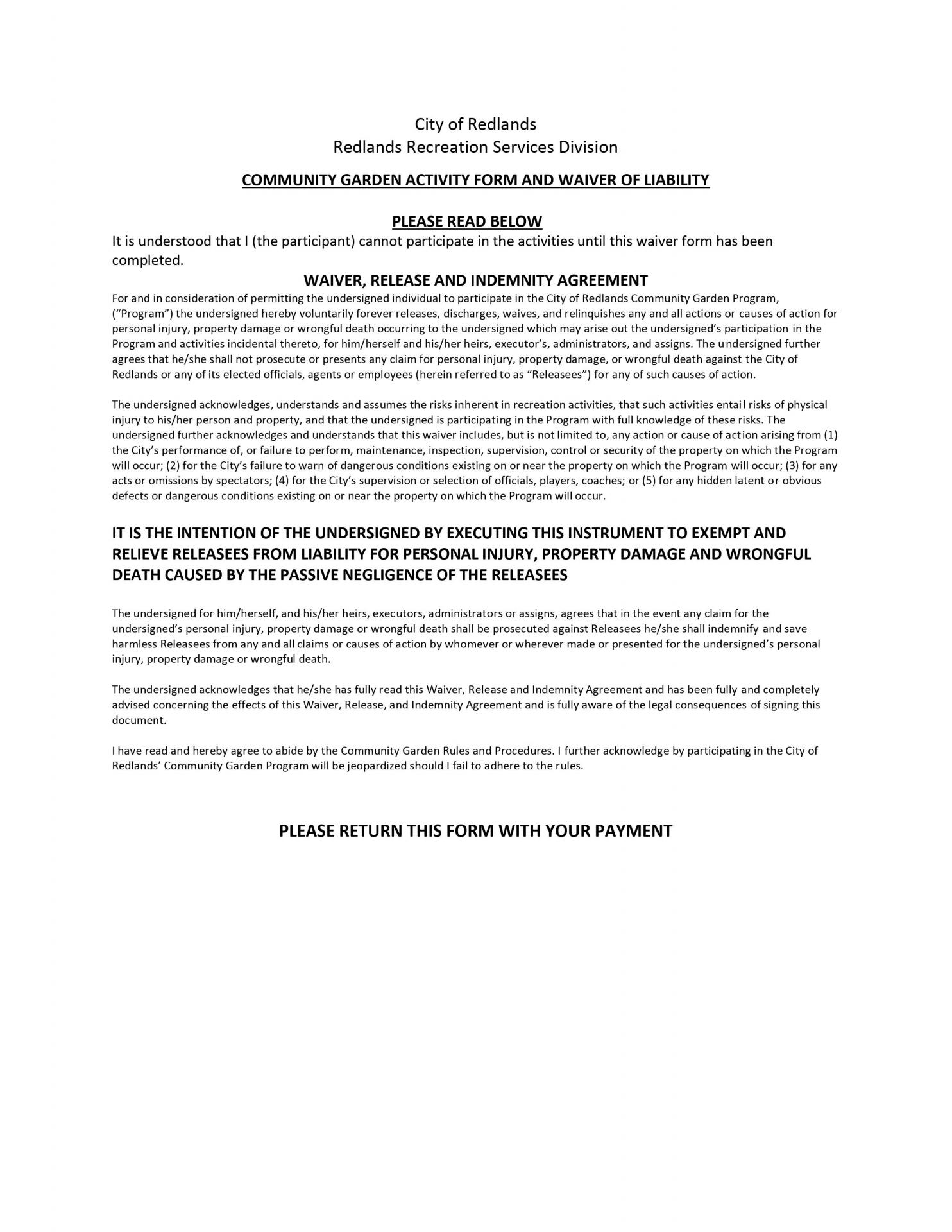 Community Garden Waiver of Liability