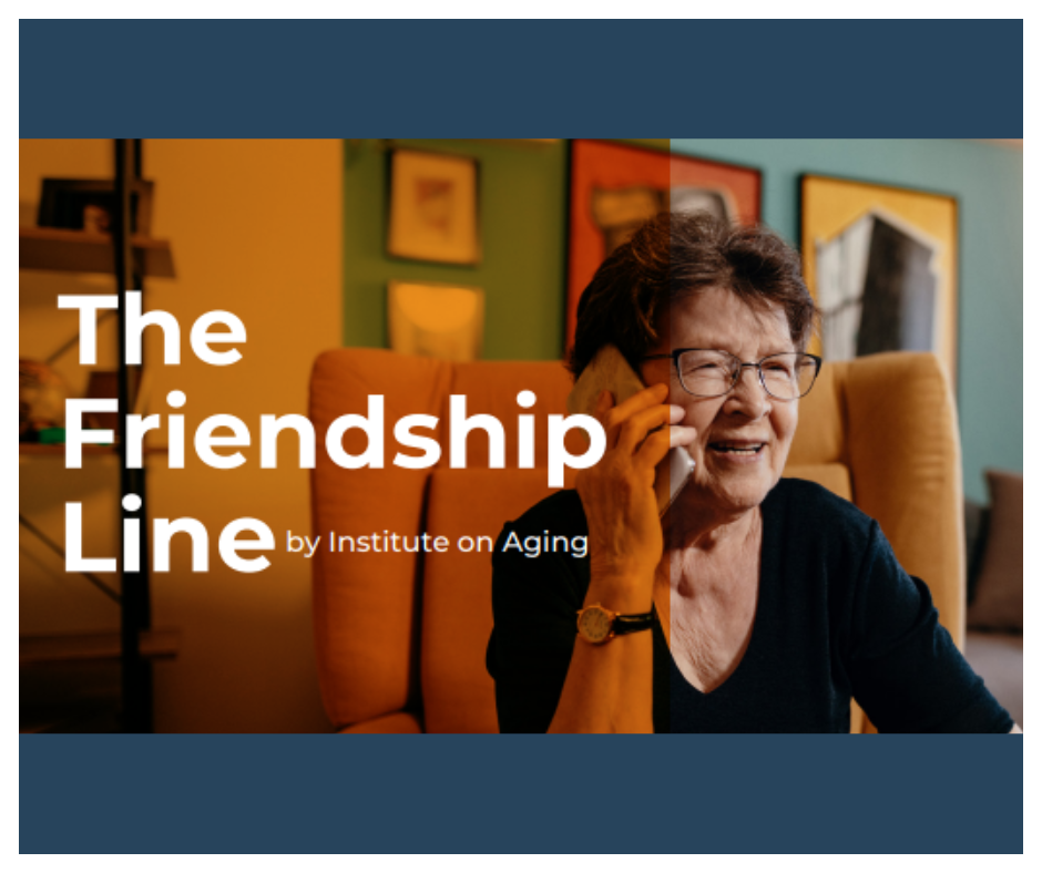 Elderly woman smiling while talking on the phone, seated in a cozy room. Text reads 