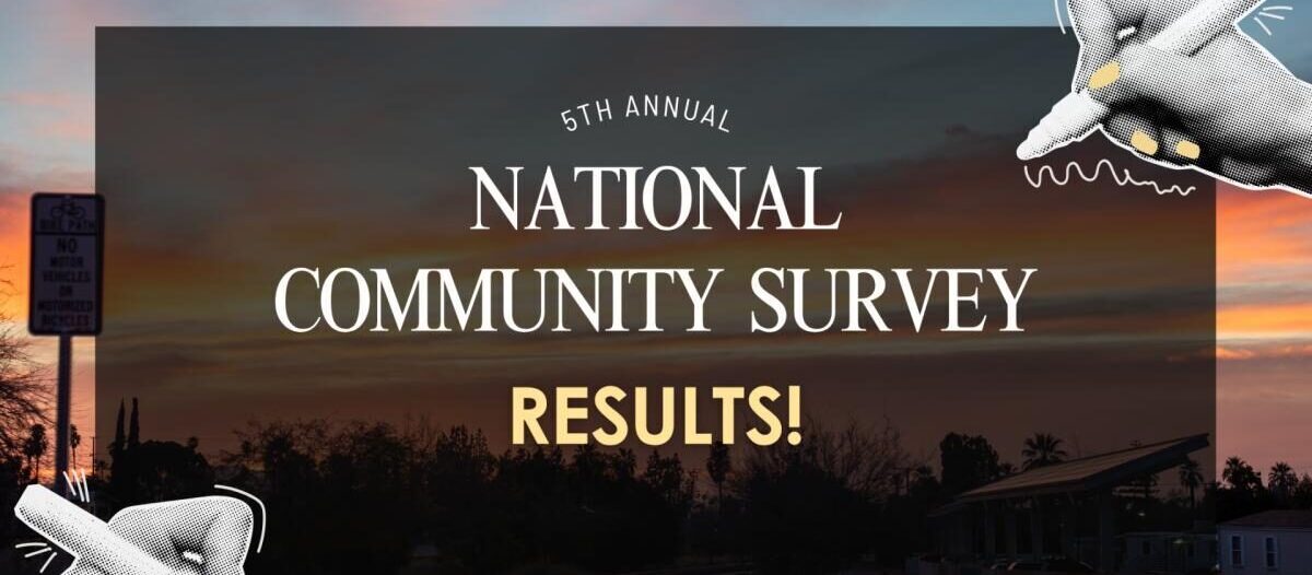 Graphic announcing the 5th Annual National Community Survey results, with a sunset background and illustrated hands holding pens in the corners.