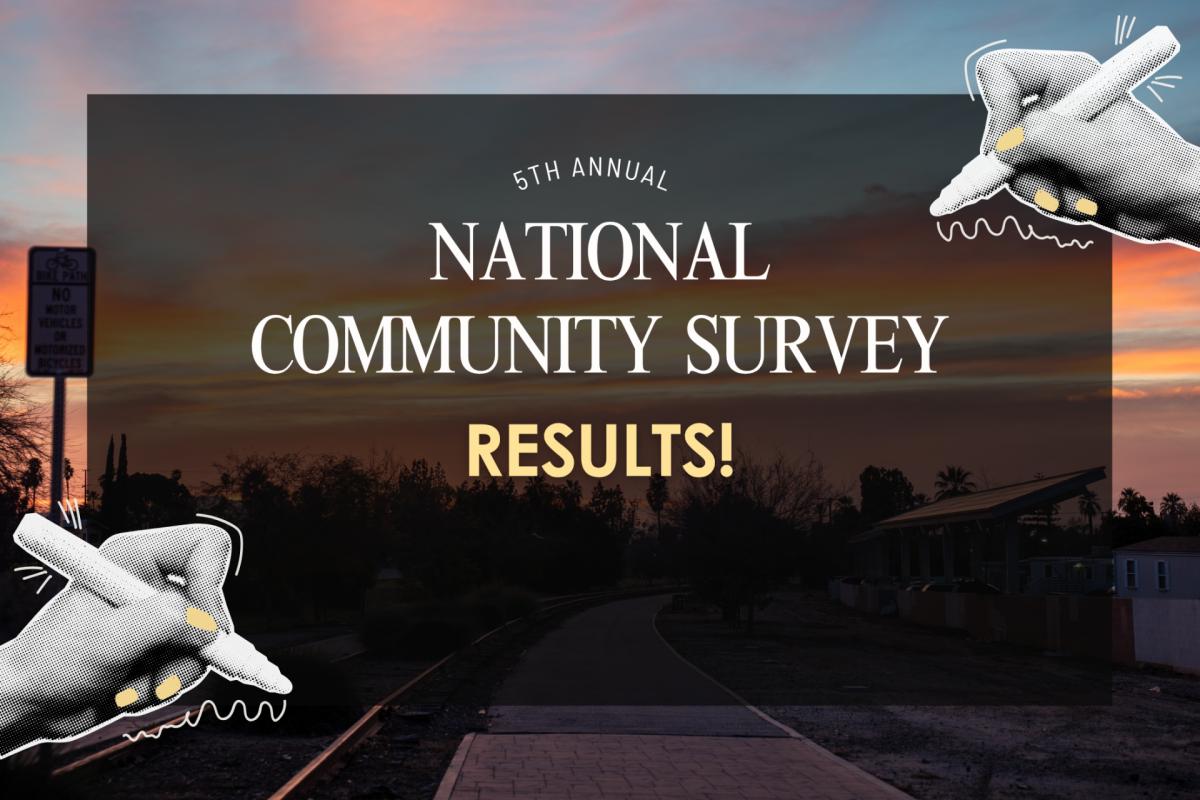 Graphic announcing the 5th Annual National Community Survey results, with a sunset background and illustrated hands holding pens in the corners.