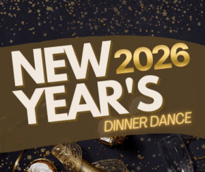 New Year's 2026 Dinner Dance sign with gold and white text, star confetti, clock, and champagne glass decorations on a dark background.