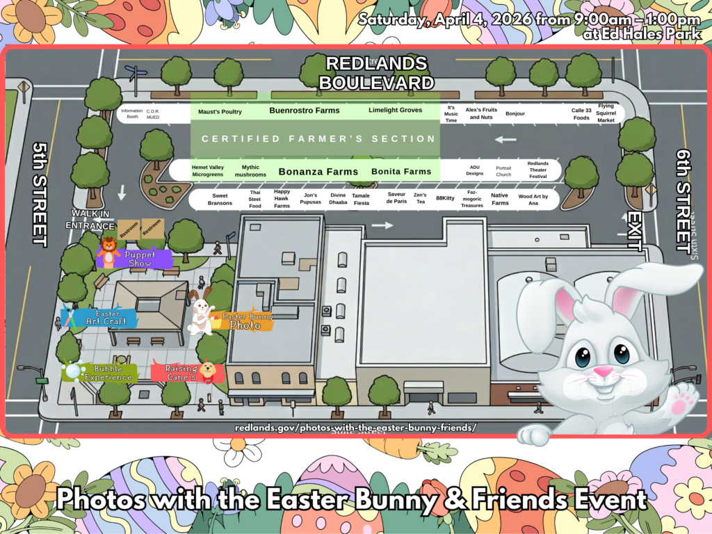 Map of Ed Hales Park showing vendor locations and pathways for a "Photos with the Easter Bunny & Friends" event, with event details and an illustrated Easter Bunny in the corner.