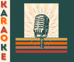 Illustration of a vintage microphone with rays in the background and the word "KARAOKE" vertically spelled out in bold, colorful letters on the left side.