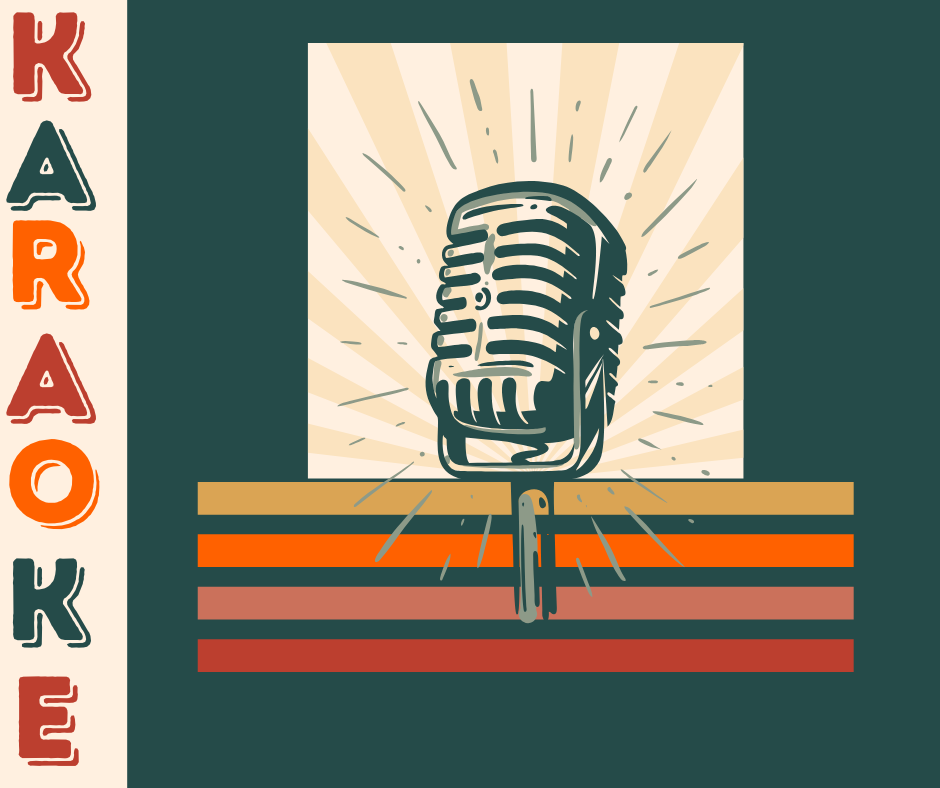Illustration of a vintage microphone with rays in the background and the word "KARAOKE" vertically spelled out in bold, colorful letters on the left side.