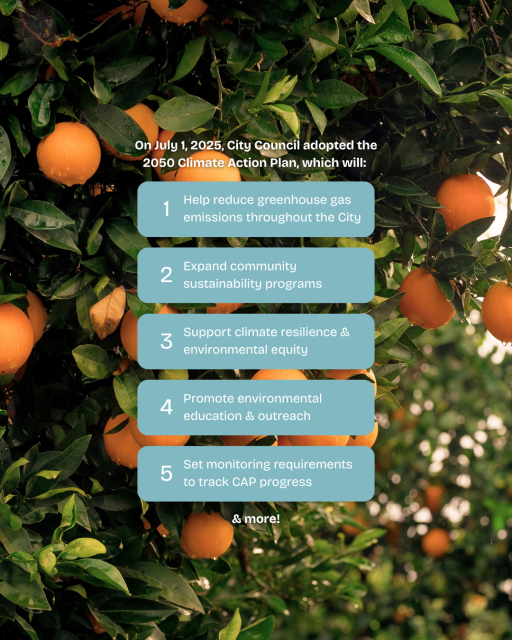 Oranges hang on a tree behind a list of five city climate action plan goals, including reducing emissions, expanding sustainability, and monitoring progress.