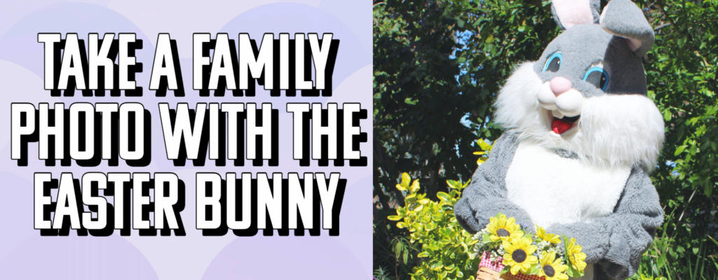 A person in an Easter Bunny costume holding a basket of sunflowers stands next to large text that reads, "Take a family photo with the Easter Bunny.