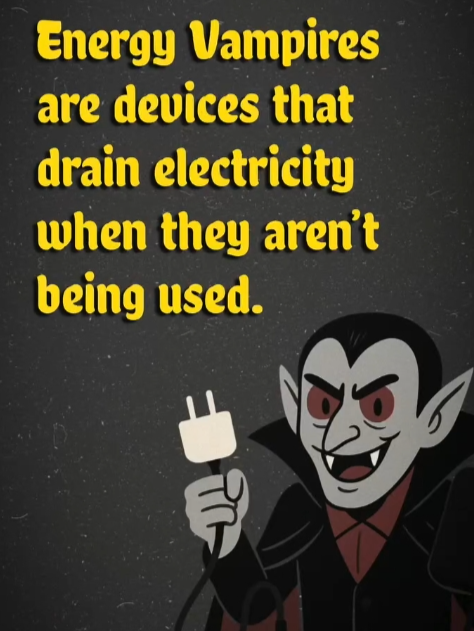Cartoon vampire holding a power plug with the text: "Energy Vampires are devices that drain electricity when they aren’t being used.