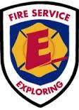 A badge-shaped emblem with a yellow fire service cross, a large red letter “E,” and the words “Fire Service Exploring” in red on a white background.