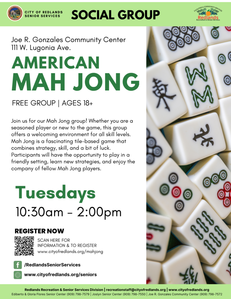 Flyer advertising a free American Mah Jong group for ages 18+ at Redlands Senior Services, held Tuesdays from 10:30am–2:00pm, with a photo of Mah Jong tiles and group details.
