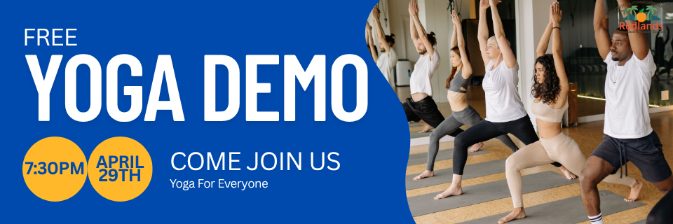 A group of people practice yoga poses in a studio next to text advertising a free yoga demo on April 29th at 7:30 PM, with the tagline "Yoga For Everyone.