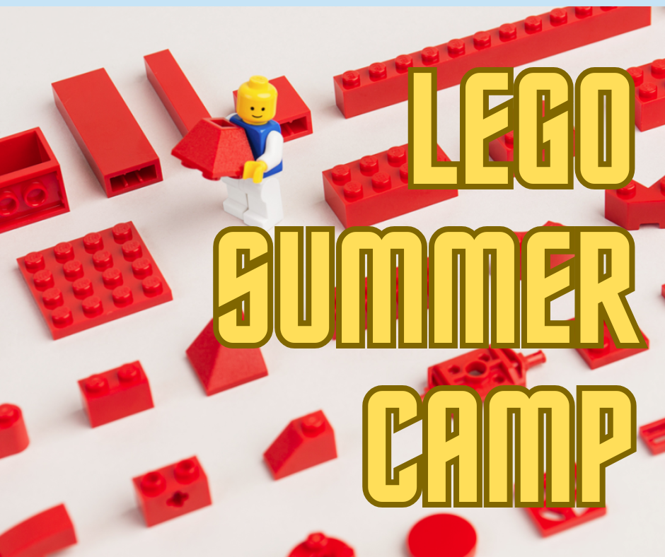 A LEGO figure holding a red brick stands among various red LEGO pieces, with the words "LEGO Summer Camp" in bold yellow text.