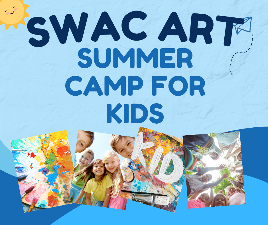 SWAC Art Summer Camp for Kids flyer with colorful paint splatters, happy children posing, and kids painting together against a blue background.