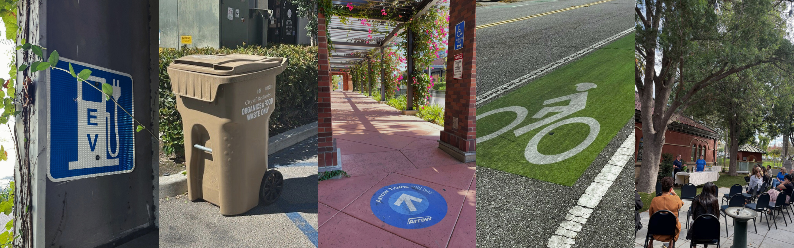 A collage of four outdoor scenes: an EV charging sign, a trash bin, a walkway with flowers, a green bike lane, and people seated outdoors near trees.