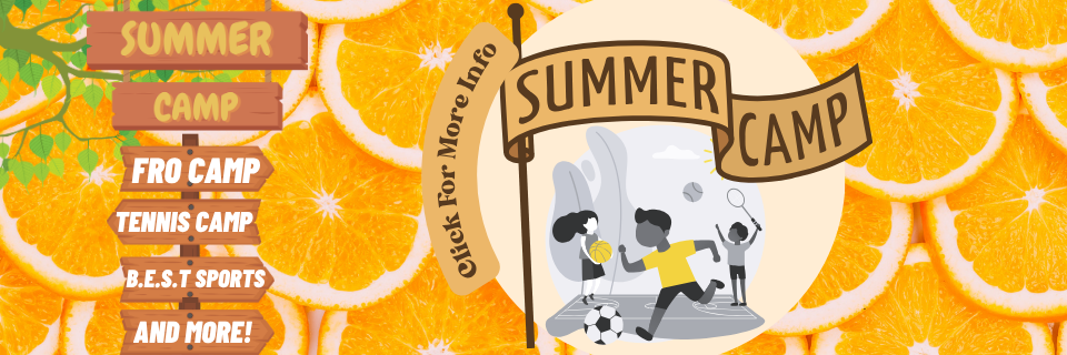 Summer camp promotional banner with orange slices background, wooden sign listing camps, and illustrated kids playing soccer and tennis under a "Summer Camp" banner.