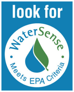 Blue and white label with a green and blue water drop stating "look for WaterSense - Meets EPA Criteria.