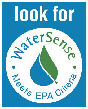 Blue and white label with a green and blue water drop stating "look for WaterSense - Meets EPA Criteria.