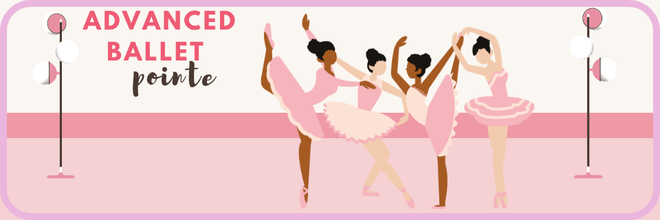 Four ballerinas in pink costumes practice advanced ballet pointe poses in a dance studio with mirrored walls and light fixtures. Text reads "Advanced Ballet Pointe.