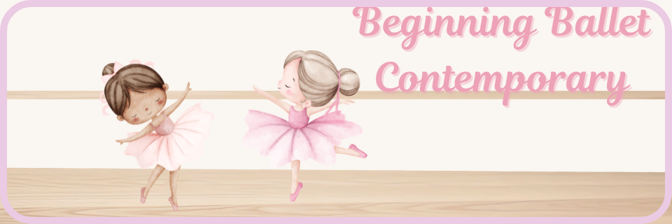Two young girls in pink ballet outfits dance at a barre with the words "Beginning Ballet Contemporary" in pink text on a light background.