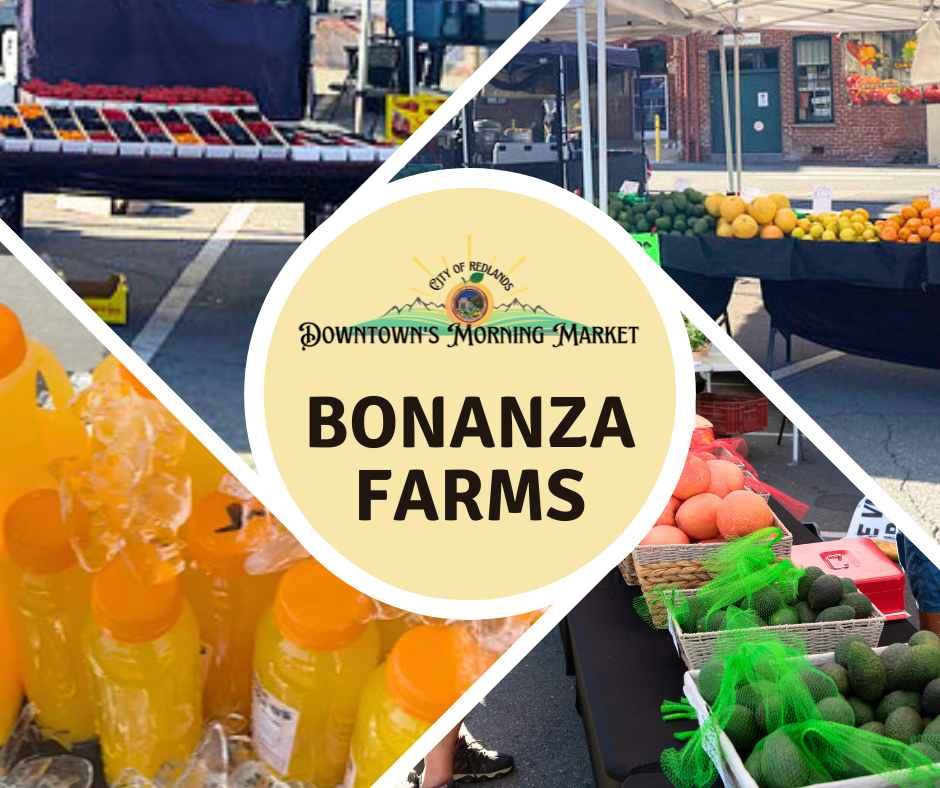 Collage of tables with fruits, vegetables, and juice bottles at an outdoor farmers market, with a central sign reading "Bonanza Farms Downtown's Morning Market.