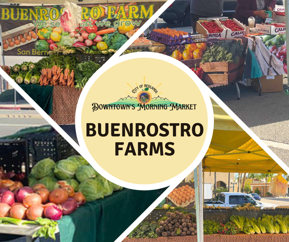Collage of produce stands at a farmers market, displaying fresh vegetables, fruits, and a banner reading "BUENROSTRO FARMS" at Downtown's Morning Market.