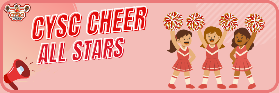 Illustration of three girls in red cheerleading outfits holding pom-poms next to bold text that reads "CYSC CHEER ALL STARS" on a pink background.