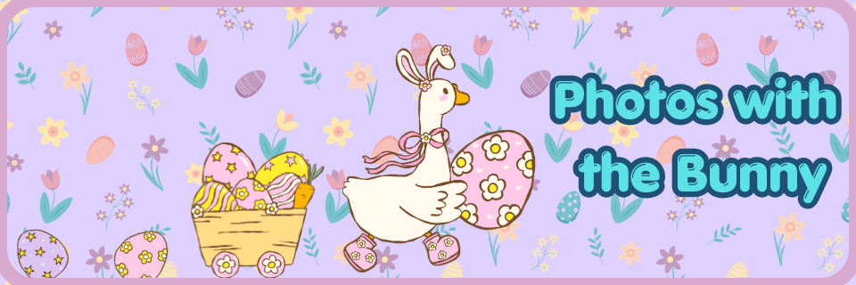 Illustration of a bunny pulling a cart of decorated eggs with text "Photos with the Bunny" on a pastel background with Easter eggs and flowers.