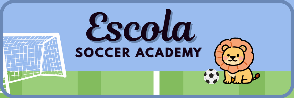 Banner with "Escola Soccer Academy" text, a soccer goal on the left, and a cartoon lion sitting next to a soccer ball on a field.
