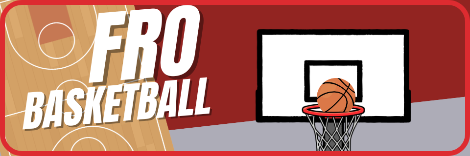 Illustration of a basketball going through a hoop with the text "FRO BASKETBALL" and a partial basketball court in the background.