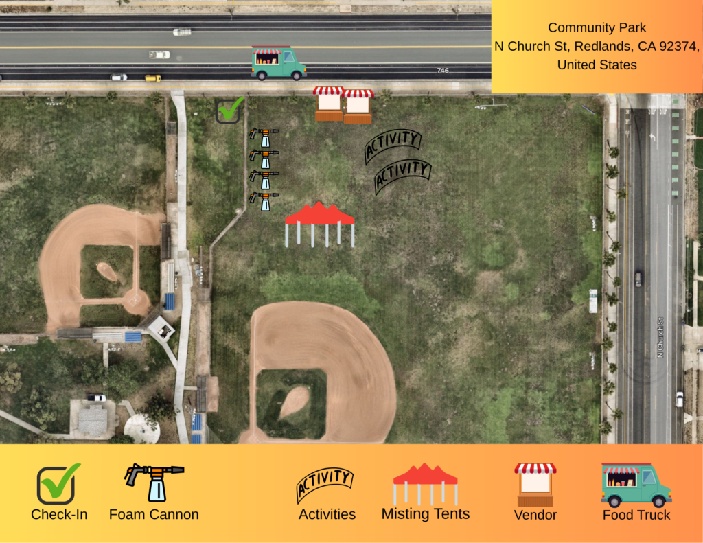 Aerial map of Community Park in Redlands, CA, showing event layout with check-in, foam cannon, activities, misting tents, vendor, and food truck locations marked.