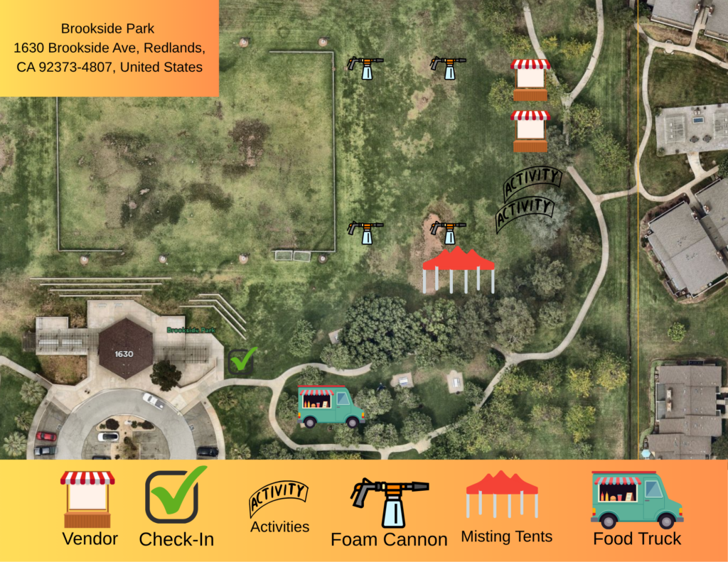 Aerial view map of Brookside Park event layout showing vendor booths, food trucks, check-in, activities, foam cannon, and misting tents with labeled icons and a location address.
