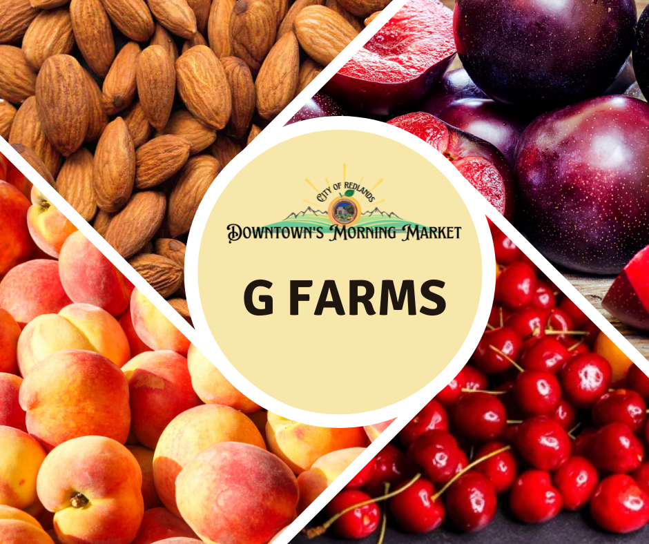 A graphic for Downtown’s Morning Market showing almonds, plums, peaches, and cherries with “G Farms” written in the center circle.