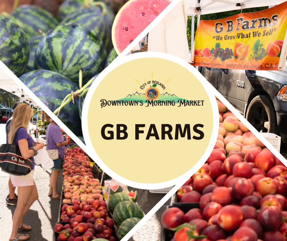 Collage showing GB Farms booth at Downtown’s Morning Market, with displays of peaches, watermelons, and shoppers browsing fresh produce under white tents.