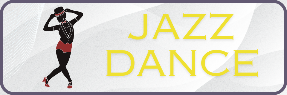 Illustration of a jazz dancer in a hat and suit next to large yellow text that reads "JAZZ DANCE" on a light abstract background.