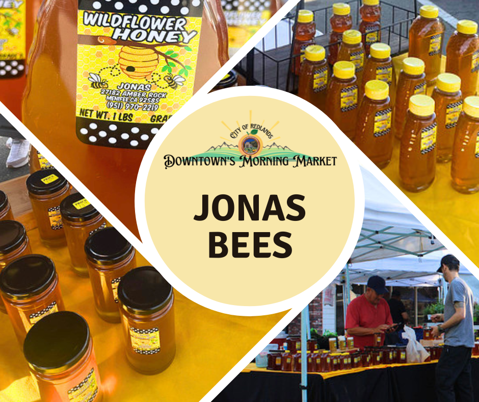 Collage showing jars of wildflower honey labeled "Jonas Bees" displayed at a market stand with people setting up and a central "Downtown's Morning Market" logo.