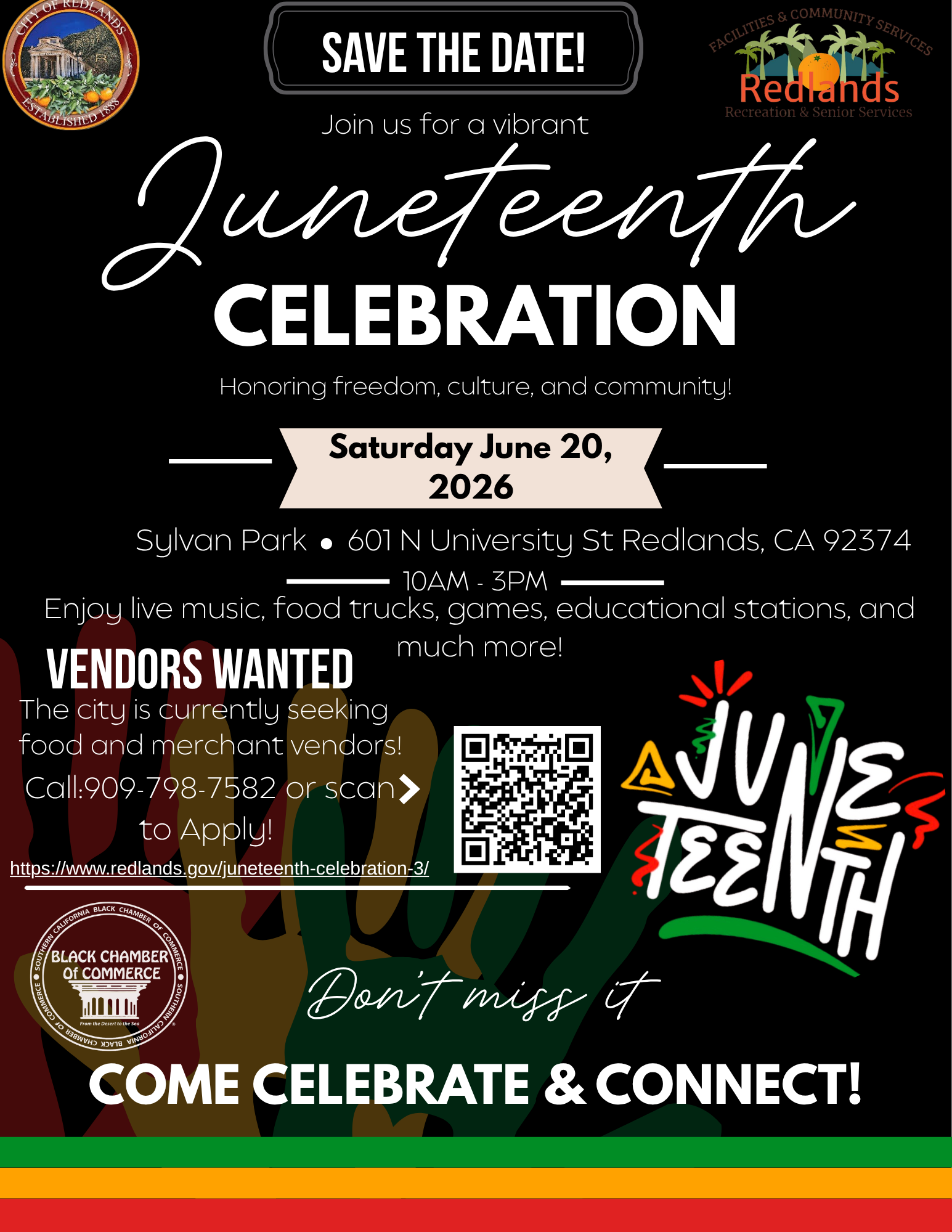Juneteenth Celebration flyer for June 20, 2026, at Sylvan Park, Redlands, CA; event details, vendor info, QR code, and colorful graphics included.