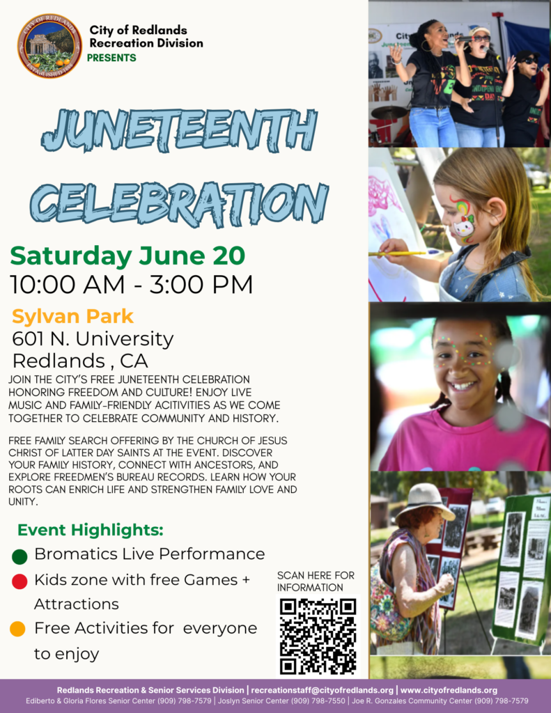 A flyer advertising a Juneteenth Celebration at Sylvan Park in Redlands, CA, on June 20 from 10 AM to 3 PM, featuring live performances, games, attractions, and family activities.