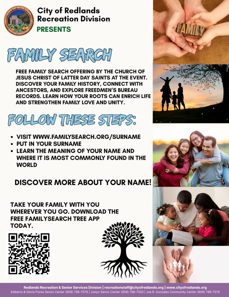 Flyer promoting a free family search event by the City of Redlands Recreation Division, with steps to trace family history and images of people holding hands and smiling.