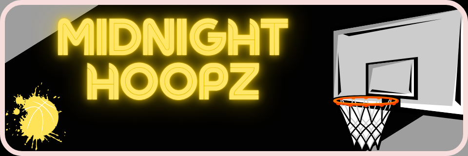 A graphic with "Midnight Hoopz" in yellow neon text, a basketball hoop on the right, and a yellow basketball splatter on the left against a black background.