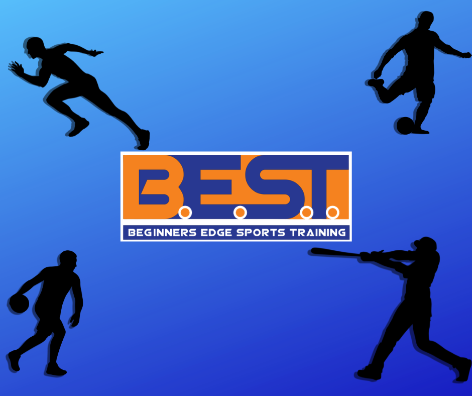 Silhouettes of athletes playing various sports surround a "B.E.S.T. Beginners Edge Sports Training" logo on a blue gradient background, highlighting Summer Camps City of Redlands programs for young athletes.