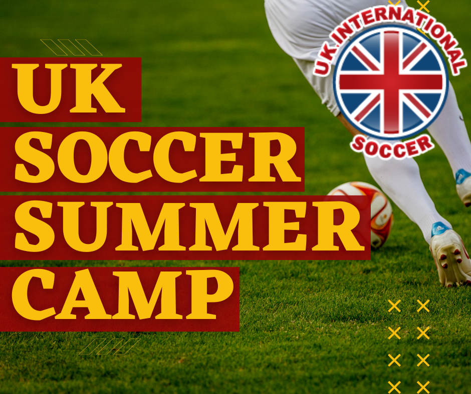 A soccer player kicks a ball on grass with "UK Soccer Summer Camp" text, the UK International Soccer logo in the corner, and a mention of Summer Camps City of Redlands.