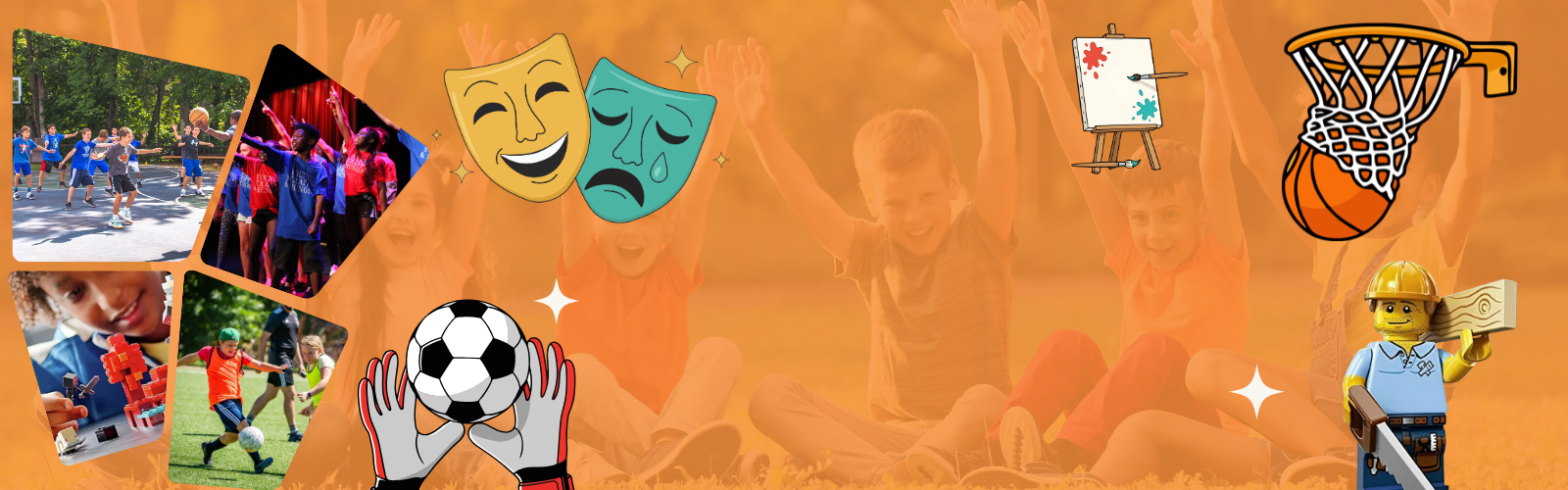 Children participate in various activities such as basketball, soccer, arts and crafts, drama, dance, and building with blocks, with related icons and images on an orange background.