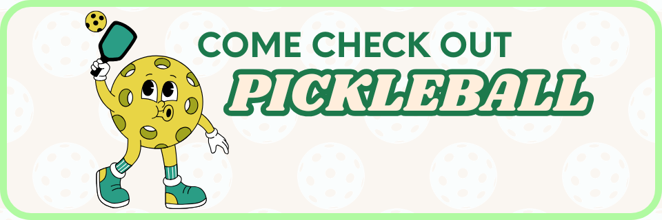 Cartoon pickleball with arms and legs holds a paddle. Text reads "Come check out pickleball" on a background with faded pickleball patterns.
